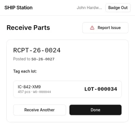 Close-up of the receive parts screen from a phone at the dock: receipt RCPT-26-0024 posted to sales order SO-26-0027, with the incoming part tagged as lot LOT-000034, and buttons to receive another or finish.