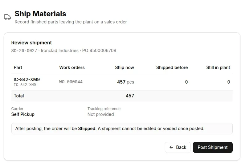 The ship materials screen in Runworx on a laptop: a shipment for a customer order under review, showing the part, its work order, 457 pieces shipping now, none shipped before and none left in the plant, the carrier, and a Post Shipment button with a note that a posted shipment cannot be edited or voided.