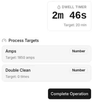 Close-up of the running step: a dwell timer reading 2m 46s against a 20 minute target, the amperage and double-clean targets, and the Complete Operation button.